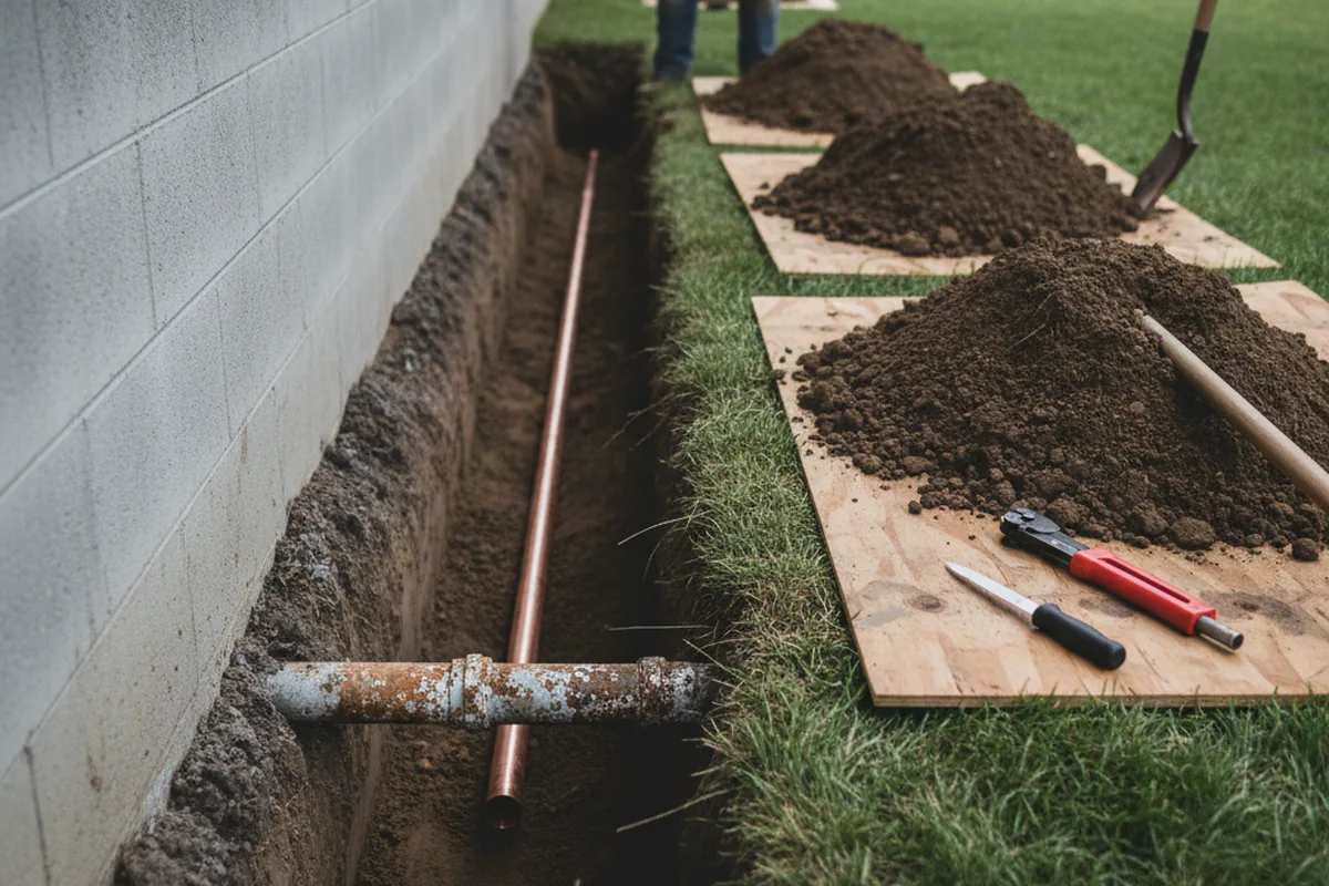 Excavated water line trench during Sewer Line Repair in Riverview